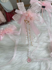 Sweet Lolita Pink Floral Bowknot Ribbon Hairclip With Pearl Chain