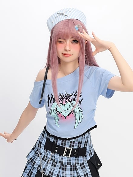 Y2K Light Blue Asymmetrical Neckline Heart and Wings Print T-Shirt