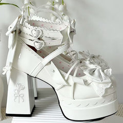 White Sweet Lolita Mary Jane Shoes in PU - 10.5cm Height with Embroidered Wind Chime Heel & Lace Trim