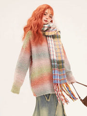 Cozy Rainbow Gradient Knit Pullover Sweater with Playful Pink Highlights