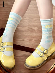 Blue Lemon Bowknot Print Ruffle Trims Sweet Lolita Calf Socks