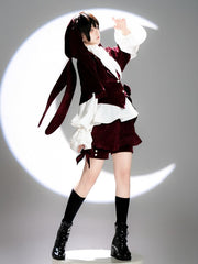 Wine Red Ouji Lolita Velvet Jacket with Oversized Bunny Ears Hood