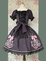 Black Suede Polka Dot Sweet Lolita Dress with Chandelier Print and Pink Bows