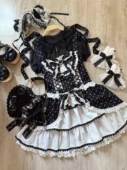 Black and White Polka Dot Elegant Halter Neck Dress / Black Peter Pan Collar Semi-Sheer Tulle Blouse