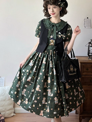 Long Version Dark Green Bear Print Short Sleeves Sweet Lolita Dress