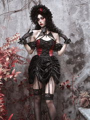 Black and Dark Red Gothic Vampire Lace Up Bodice Drawstring Skirt Dress