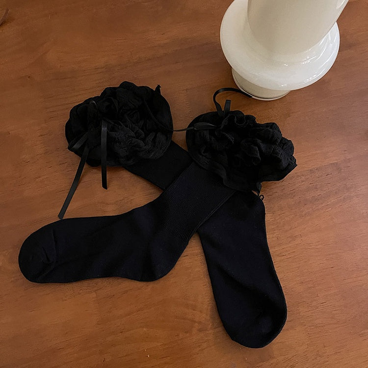 White/Black/Brown Lolita Puffy Ruffle Socks with Bow Ribbon Decoration