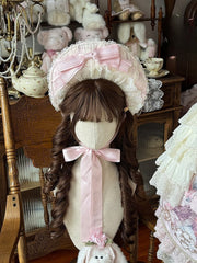 Pink & Beige Lace-trimmed Sweet Lolita Bonnet with Bow