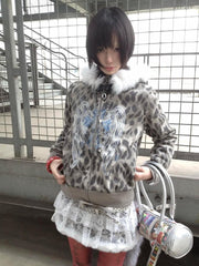 Clearance - Size S for Bust 102cm Gyaru Fashion Y2K Gray Leopard Print Hoodie with Detachable Faux Fur Trim