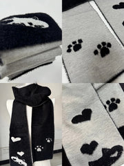 Reversible Black and Gray Scarf with Cat and Heart Patterns