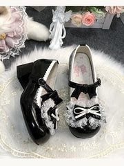 PU Round Toe Black Mid-heel Shoes - Bow at Top & Lace Trim