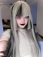 Silver And Black Highlight 80CM Length Hime Cut Straight Wig With Full Bangs