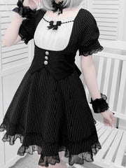 Jirai Kei Black Striped Dress Full Set with Corset Belt Design at Waist