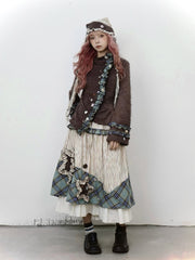 Bohemian Mori Kei Midi Skirt: Vintage Beige & Green Plaid Patchwork with Star Appliques