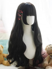 Black 60CM Hime Cut Long Wavy Wig With Full Bangs