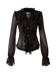 Brown Vintage Princess Tie-Neck Blouse with Tiered Flounce Lace & Button-Down Front