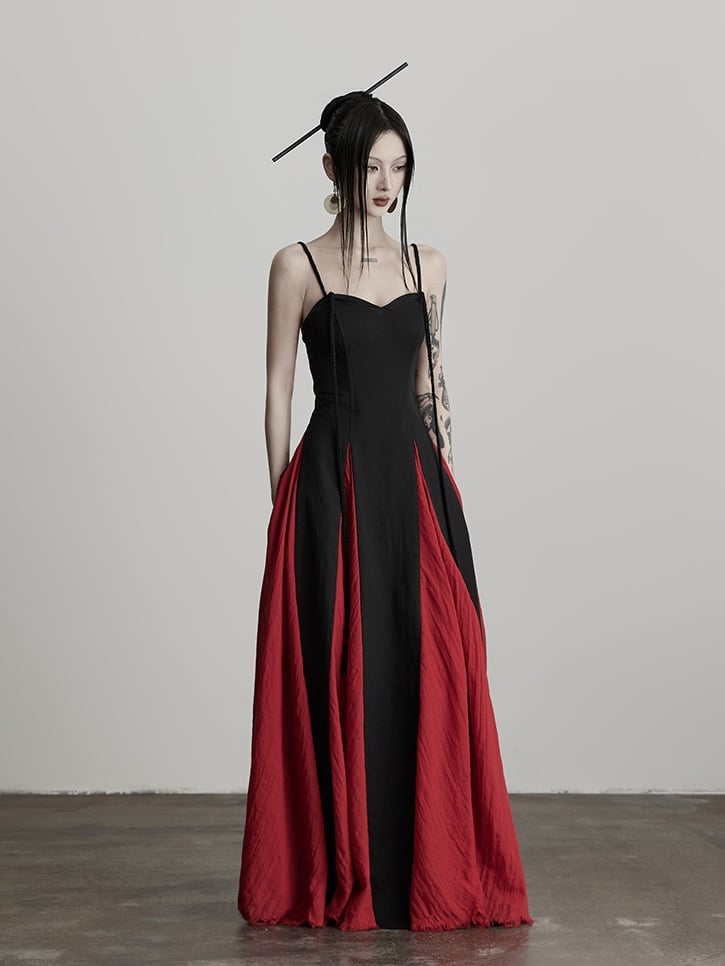 Urban Goth Black & Red Fringe-Strap Design Camisole Dress