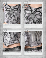 Y3K Fashion Futuristic Silver Grey Butterfly Chain Sequins Decorated Fishbone Strapless Cyberpunk  Top