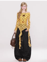Yellow Plaid Off-Shoulder Long Sleeve Top with Star Accent and Cascading Ruffle Trim