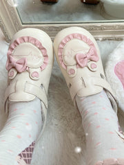 Sweet Lolita Fleece Lined Beige Winter Flats with Bunny Ear & Ruffle Trim Heart Applique