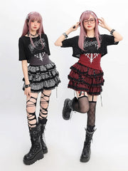 Y2K Red & Black/Black & White Plaid Strap Details Tiered Skirt