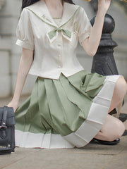 Sailor Collar Beige Short Puff Sleeves Top