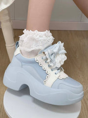 Clearance-Size 36 Blue Jirai Kei Detachable Bowknot Lace Trim  Front Lace-up Ties Sneakers