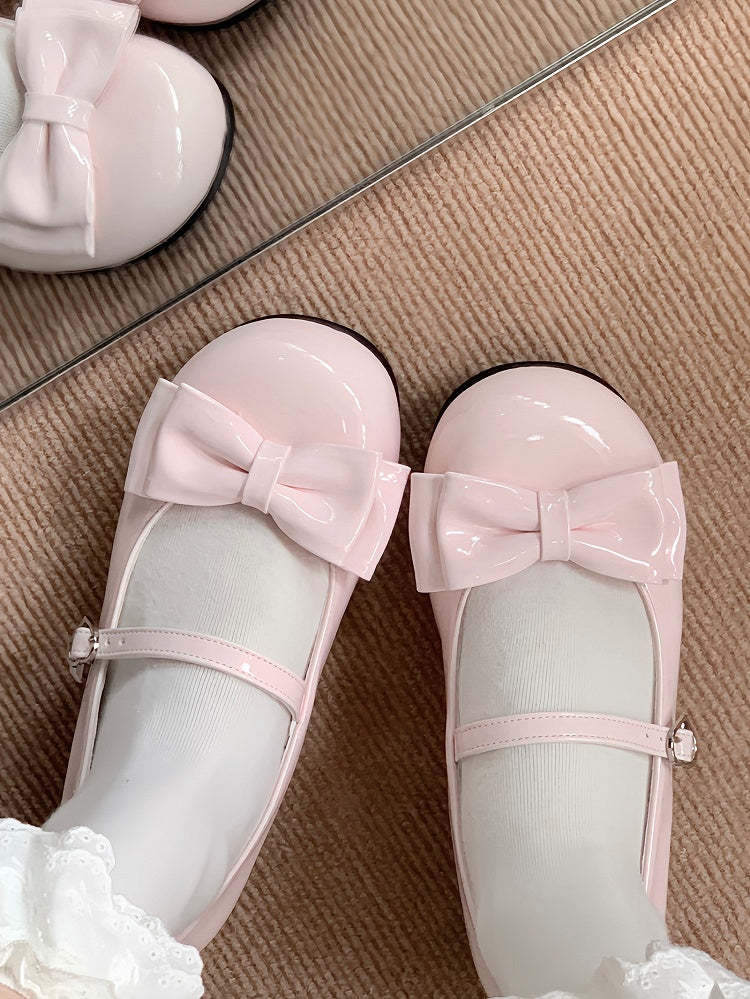 Sweet Lolita PUPink Flat Mary Janes-Round Toewith Top Bow&Heart Buckle