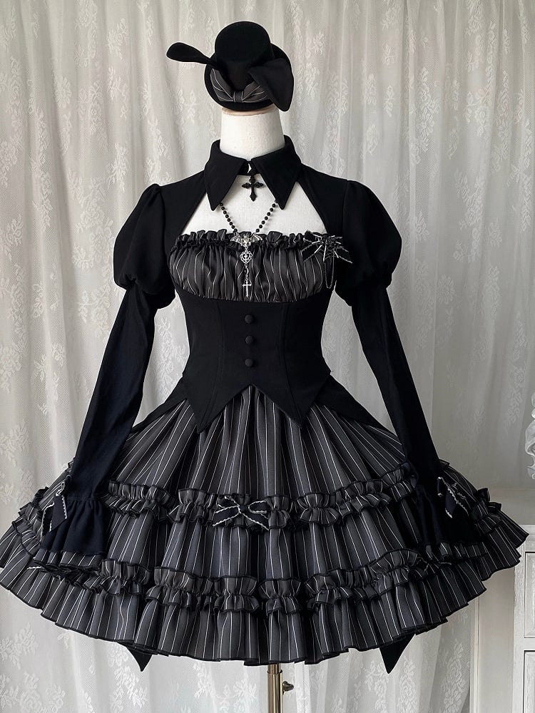 Black and Gray Fake Two-piece Design Bolero Top Dark Gothic Lolita Striped Dress