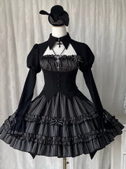 Black and Gray Fake Two-piece Design Bolero Top Dark Gothic Lolita Striped Dress