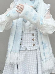 White Knit Fingerless Gloves with Light Blue Bowknot and Snowflake & Bead Accents