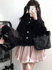 Black Jirai Kei Zipper Style Fleece-lined Hooded Cape with Pom-poms, Bows and Ruffles