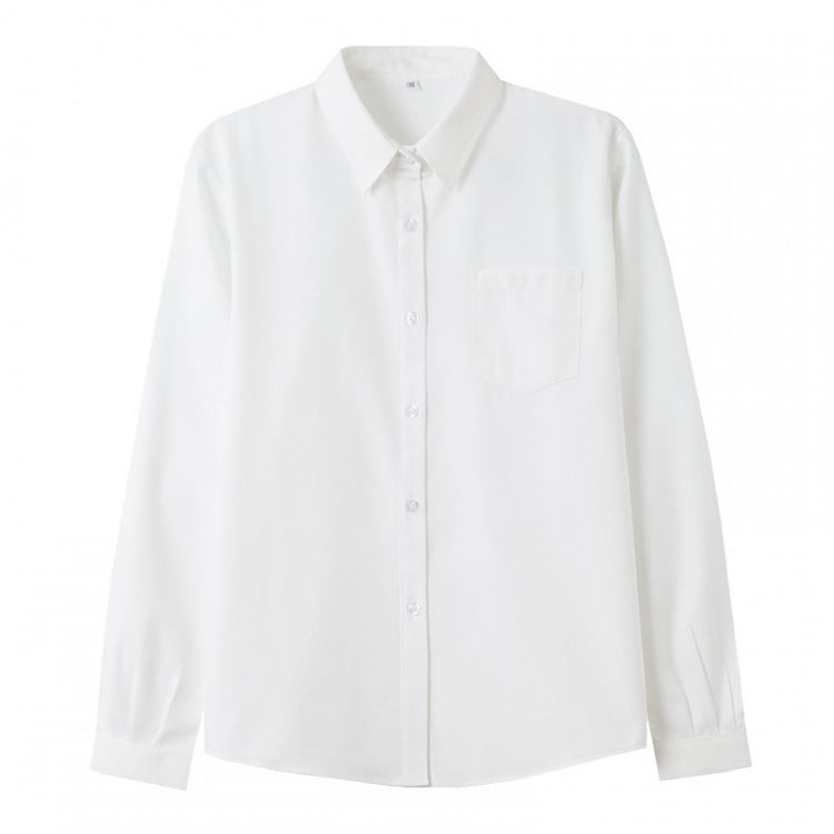 White Long-Sleeve Button-Up Blouse with Chest Pocket