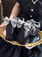 Satin Black Sweet Lolita Mary Janes - Low Heel with Lace Trim & Beaded Heart Snap