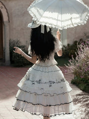 White Layered Ruffles Elegant Classic Lolita Skirt with Bird Embroidery