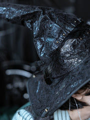 Steampunk Black PU Witch Hat With Bronze Stud And Black Feather