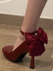 Wine Red Detachable Bow Lolita High Heels