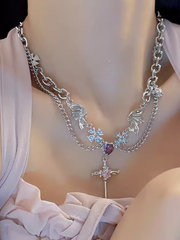 Y2K Silver Rhinestone and Wings Necklace with Cross Pandent