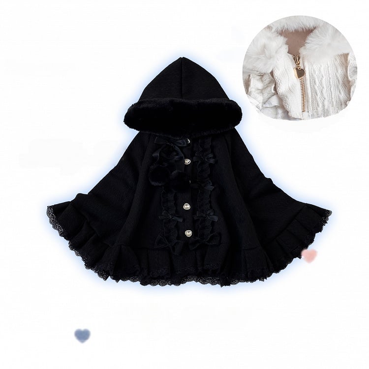 Black Jirai Kei Zipper Style Fleece-lined Hooded Cape with Pom-poms, Bows and Ruffles