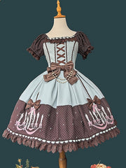 Mint Green & Black Polka Dot Sweet Lolita Dress with Chandelier Print and Lace Trim