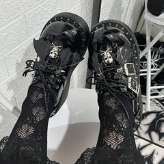Y2K Polished Black Punk Stud Buckle Strap Bat Wings Design Platform Shoes
