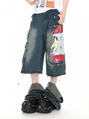 Y2K Deep Blue Convertible Wide-leg Jeans with Distressed Design & Graffiti Apple Print