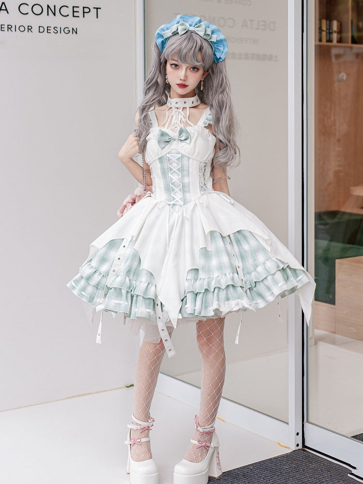 White and Green Plaid Dress Strappy Punk Lolita Jumper Skirt