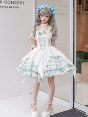 White and Green Plaid Dress Strappy Punk Lolita Jumper Skirt