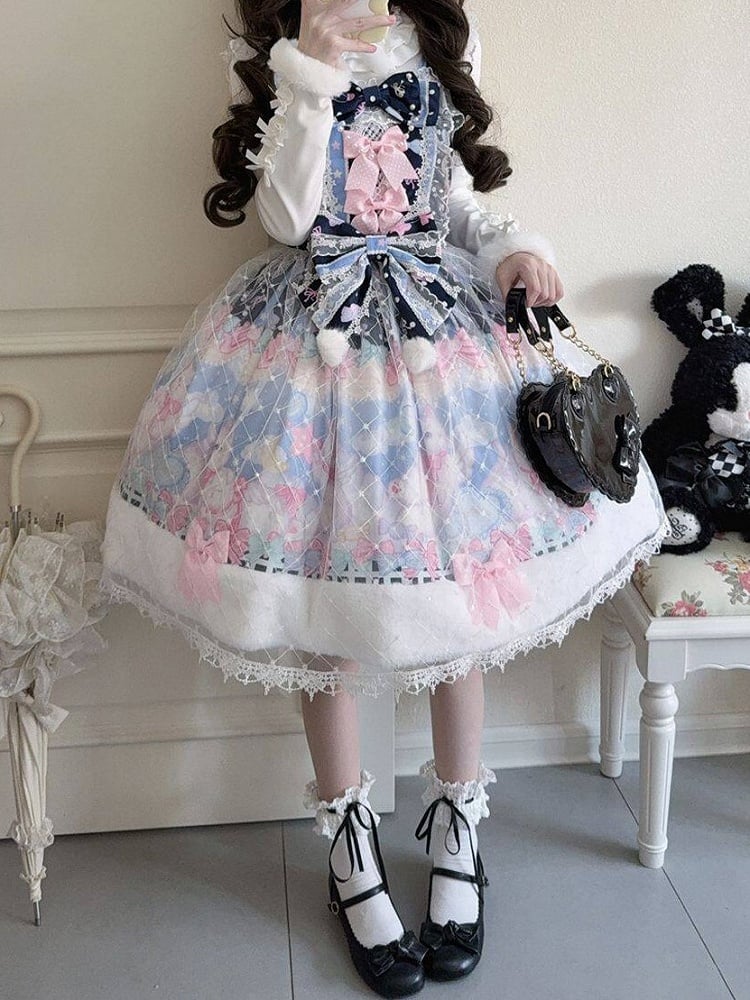 Dark Blue & Pink Cat Print Sweet Lolita Dress with Bow Accents and Fur Trim Hem