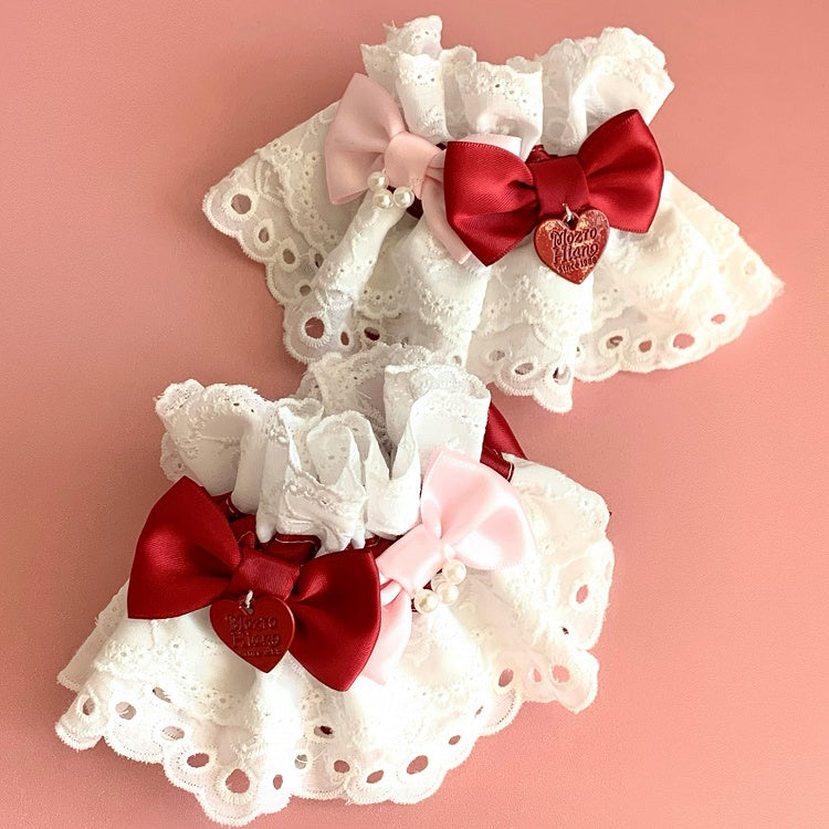 White Sweet Lolita Wrist Cuffs with Red and Pink Bow Accents