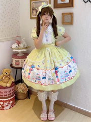 Lamb and Bunny Print Yellow Short Sleeves Sweet Lolita Peter Pan Collar Dress