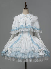 White & Blue Lace-Trimmed Sweet Lolita Dress with Petal-Edged Cuffs + Detachable Bunny Ears Cape Set