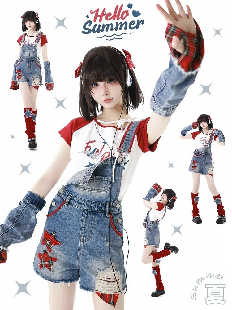 Clearance - Size L for Waist 79cm Blue Distressed Holes Raw Hem Plaid Star Appliques Denim Overall Shorts with Free Armwears