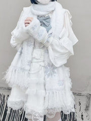 White Knit Fingerless Gloves with Silver Bowknot and Snowflake & Bead Accents